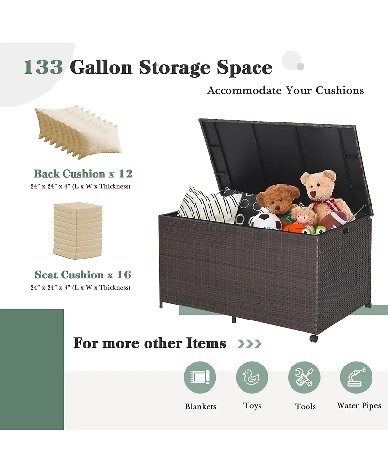 133 Gallon Patio Rattan Storage Deck Box Container Wheel Handle W/Liner