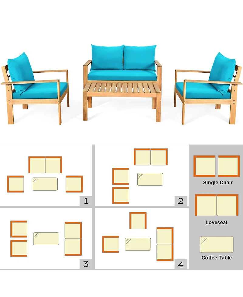 Gymax 4PCS Patio Acacia Wood Conversation Furniture Set w/ Turquoise Cushions