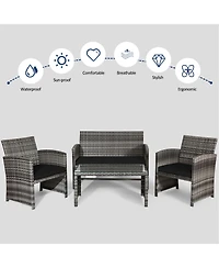 Gymax 8PCS Patio Outdoor Rattan Conversation Furniture Set w/ Black Cushion