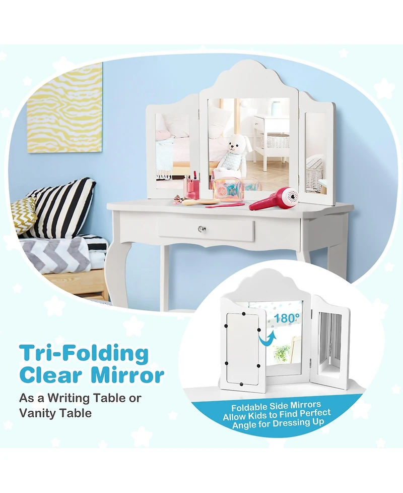 Costway Vanity Table Set Makeup Dressing Table Kids Stool Mirror