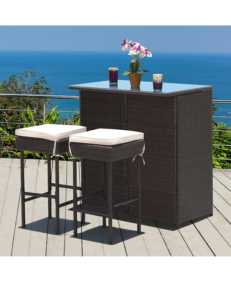 Costway 3PCS Patio Rattan Wicker Bar Table Stools Dining Set Cushioned