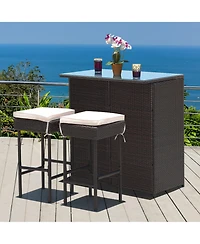 Costway 3PCS Patio Rattan Wicker Bar Table Stools Dining Set Cushioned
