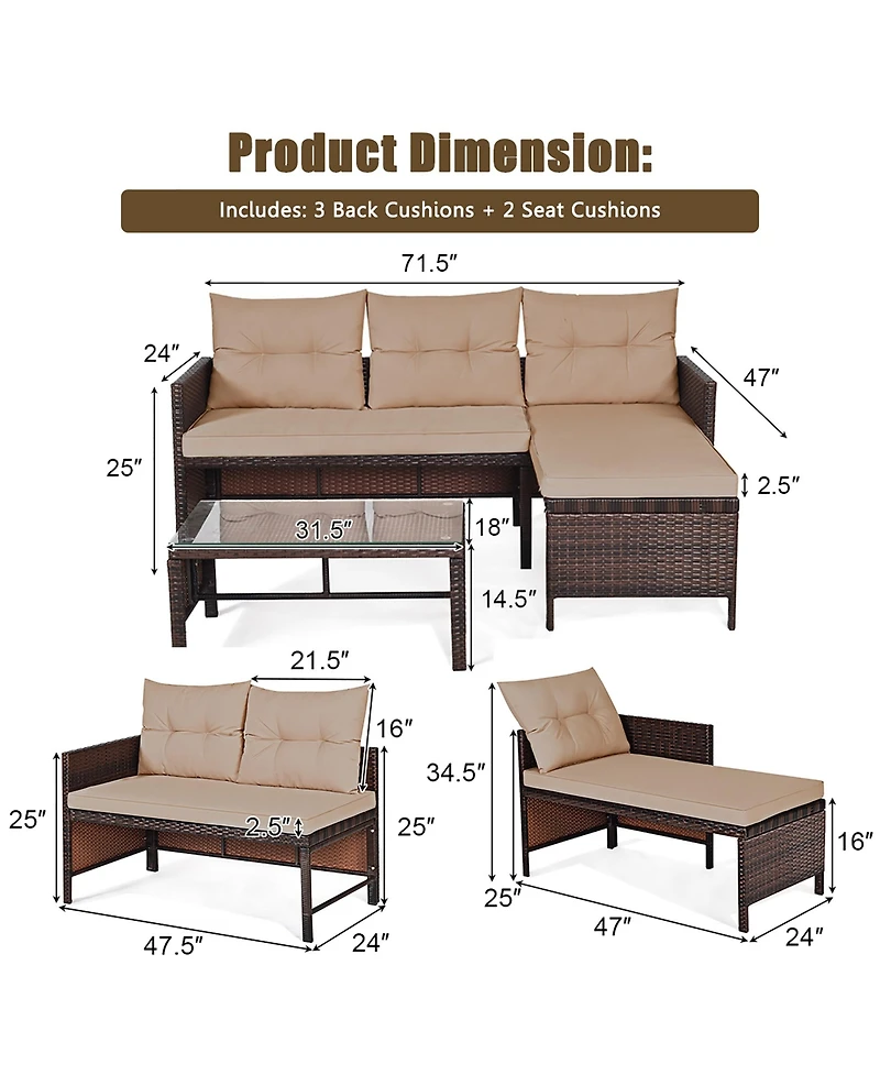 3PCS Patio Wicker Rattan Sofa Set Outdoor Sectional Conversation Set Garden Lawn