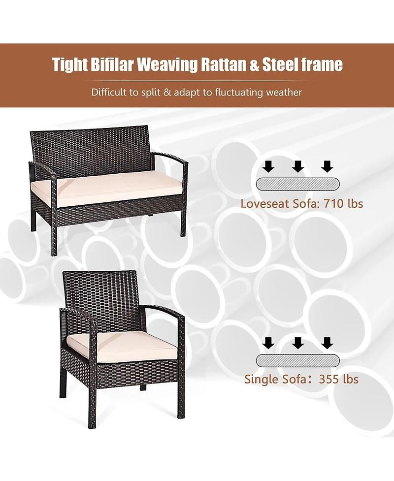 4PCS Patio Rattan Conversation Furniture Set Cushioned Seat