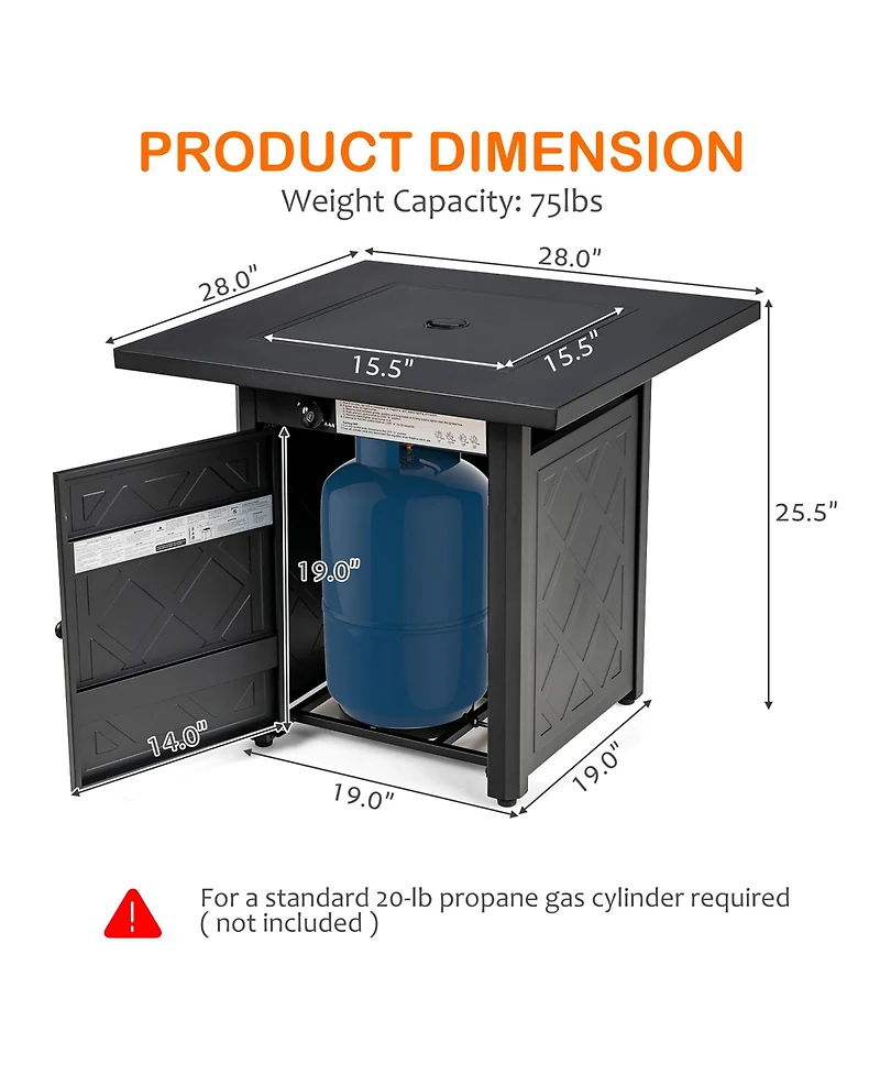 Costway 28'' Propane Fire Pit Table 50,000 Btu Patio Square Gas Fireplace W/Lava Rock