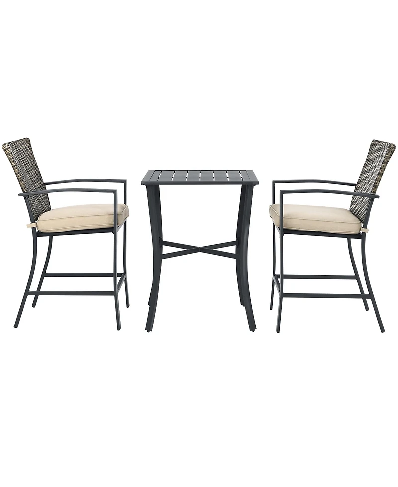 Costway Patio Rattan Bar Furniture Set Slat Table 2 Cushioned Stools Poolside