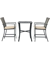 Costway Patio Rattan Bar Furniture Set Slat Table 2 Cushioned Stools Poolside