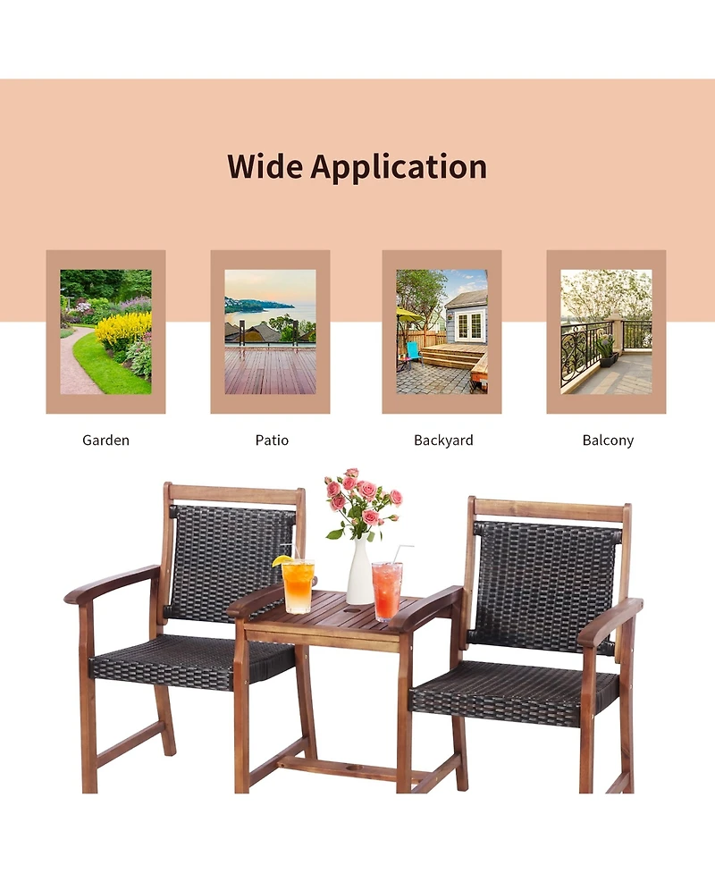 2-Seat Patio Rattan Bench Acacia Wood Frame Table W/Umbrella Hole Deck