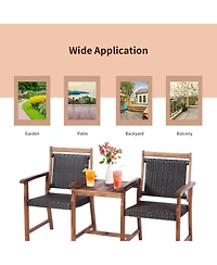 2-Seat Patio Rattan Bench Acacia Wood Frame Table W/Umbrella Hole Deck