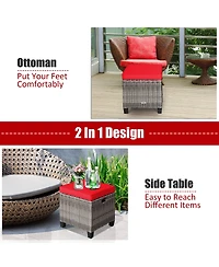 2PCS Patio Rattan Cushioned Ottoman Seat Foot Rest Table