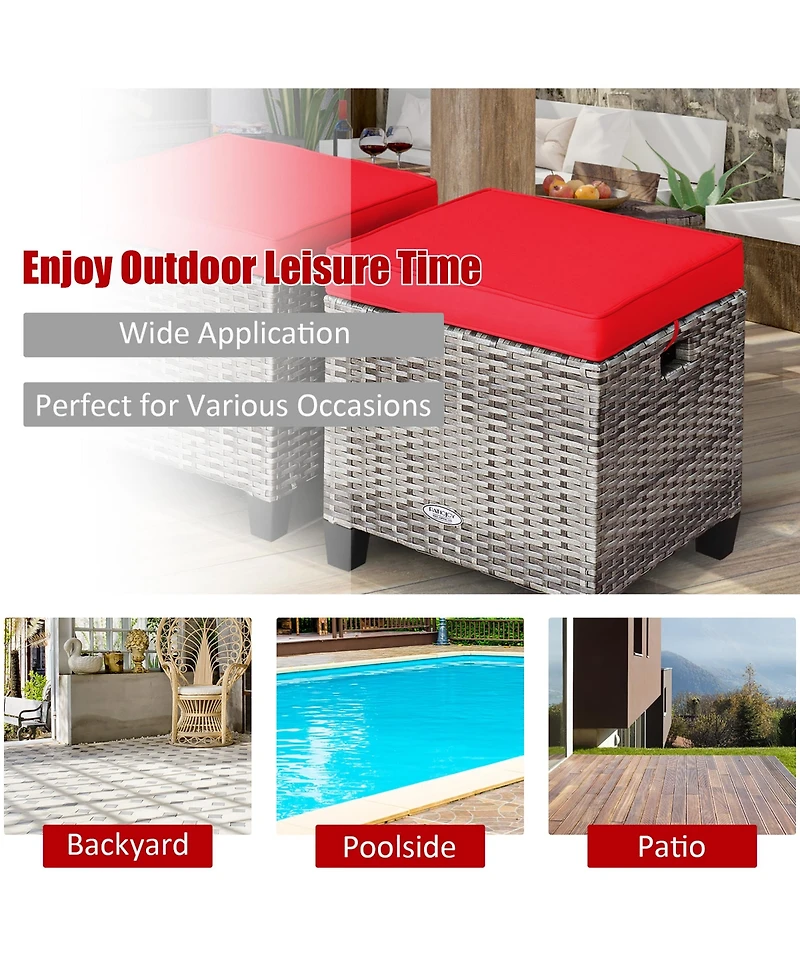 2PCS Patio Rattan Cushioned Ottoman Seat Foot Rest Table