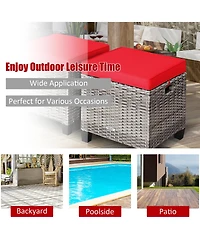 2PCS Patio Rattan Cushioned Ottoman Seat Foot Rest Table
