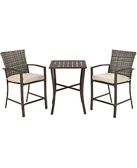 3PCS Patio Rattan Bar Furniture Set Slat Table 2 Cushioned Stools Poolside