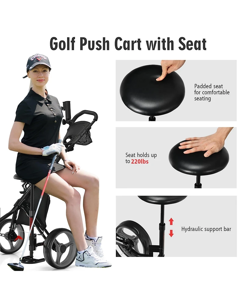 Folding 3 Wheels Golf Push Cart W/Seat Scoreboard Adjustable Handle