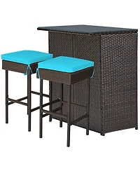 Costway 3PCS Patio Rattan Wicker Bar Table Stools Dining Set Cushioned Chairs
