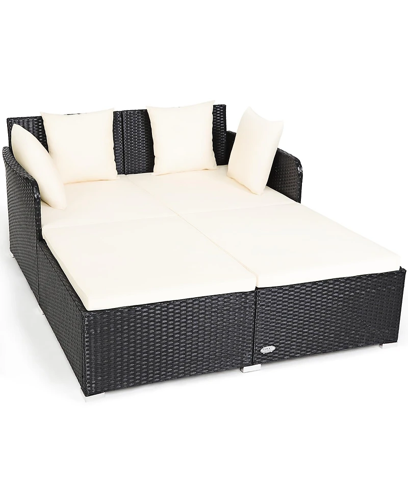 Outdoor Patio Rattan Daybed Thick Pillows Cushioned Sofa Furniture
