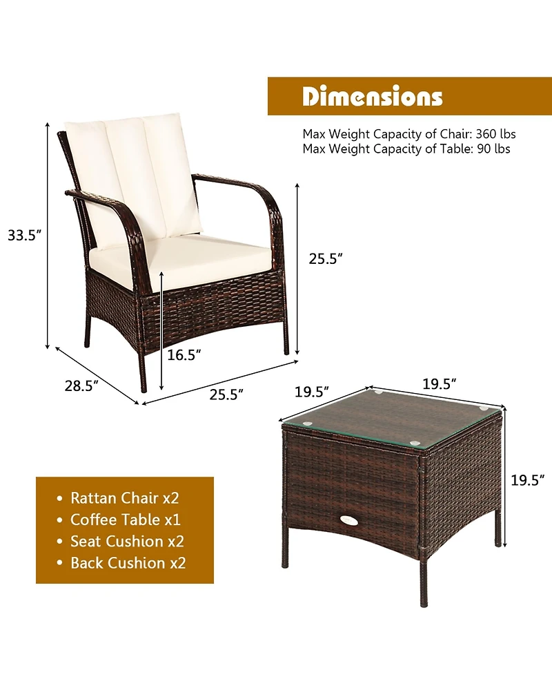 Gymax 3PCS Patio Outdoor Rattan Conversation Set Furniture Set w/ Table Cushions