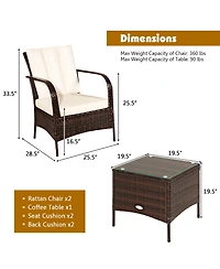 Gymax 3PCS Patio Outdoor Rattan Conversation Set Furniture Set w/ Table Cushions