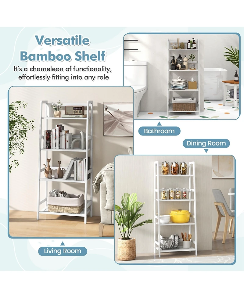 Multifunctional 4 Shelf Bamboo Bookcase Ladder Plant Flower Stand Rack Storage