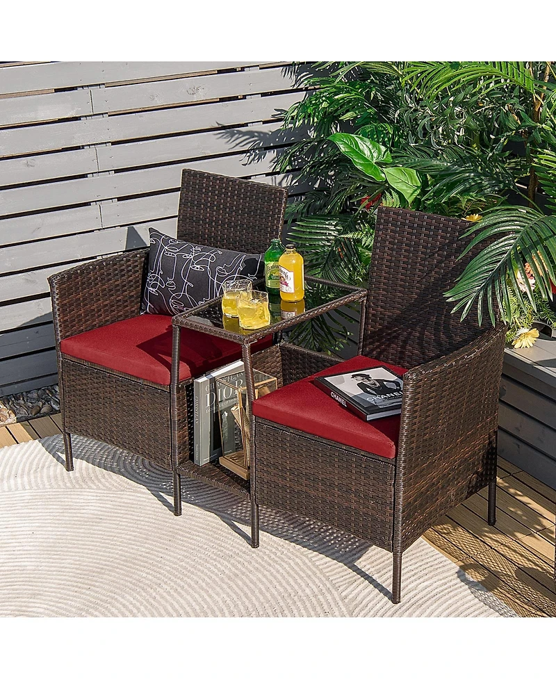Sugift Rattan Patio Conversation Set Cushioned with Glass Table