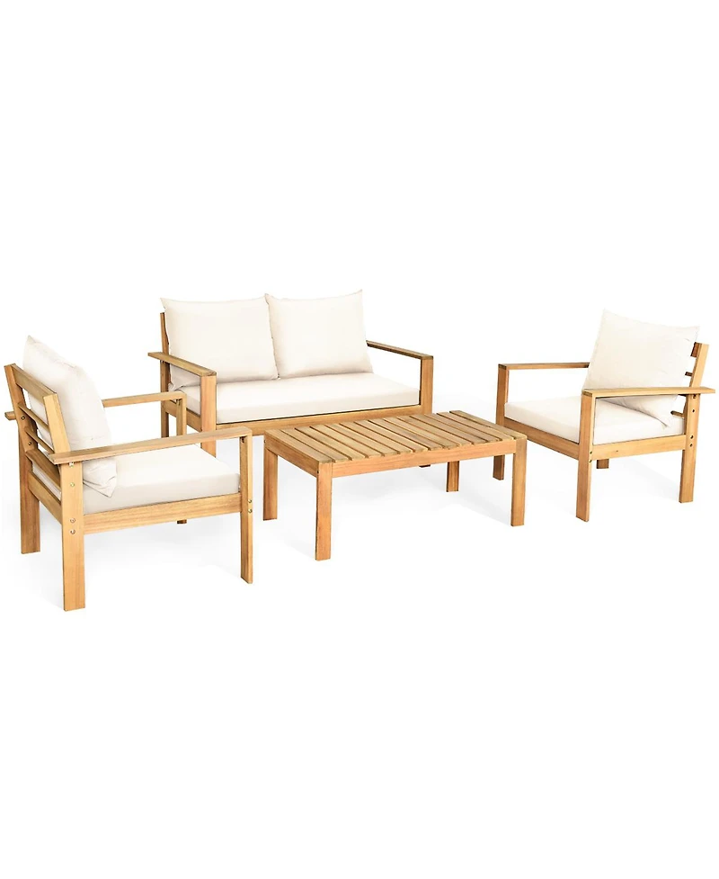 Gymax 8PCS Patio Acacia Wood Conversation Furniture Set w/ Off White Cushions