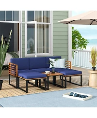Gymax 6PCS Patio Conversation Sofa Set Acacia Wood Outdoor Furniture Set w/ Navy Cushions