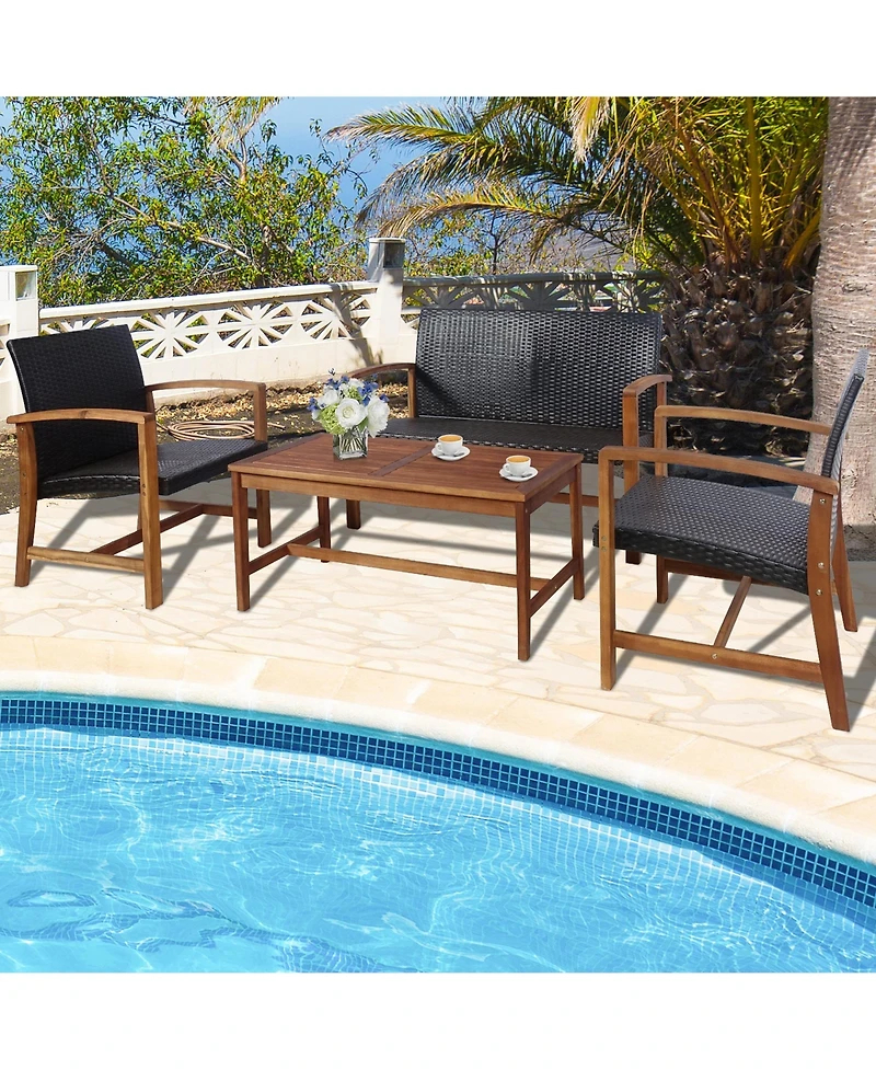 Gymax 8PCS Patio Conversation Set Outdoor Furniture Set w/ Acacia Wood Frame