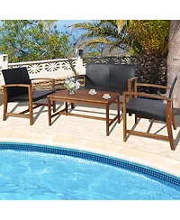 Gymax 8PCS Patio Conversation Set Outdoor Furniture Set w/ Acacia Wood Frame