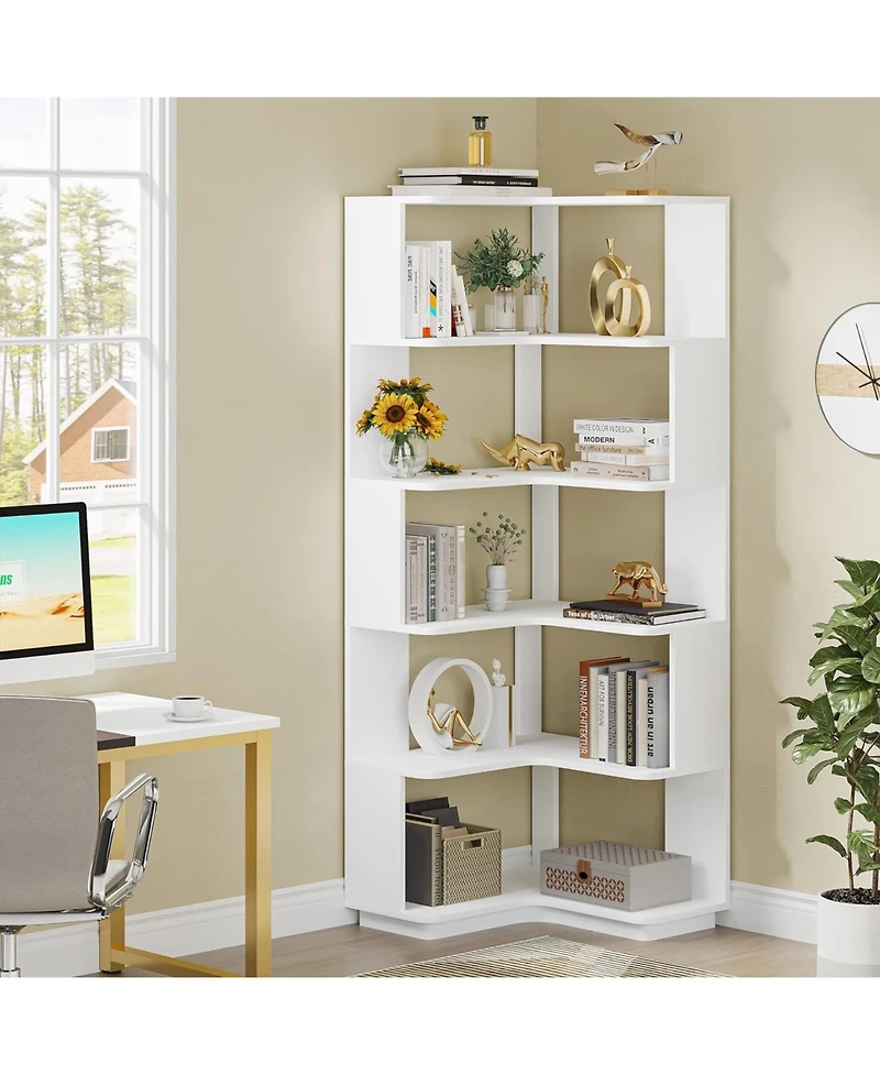Tribesigns 6 Tier Corner Bookshelf, 64.9 Inch Tall Industrial Bookcase with Anti-Drop Panel, Freestanding Wood Grain Shelf Display Rack