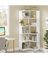 Tribesigns 6 Tier Corner Bookshelf, 64.9 Inch Tall Industrial Bookcase with Anti-Drop Panel, Freestanding Wood Grain Shelf Display Rack