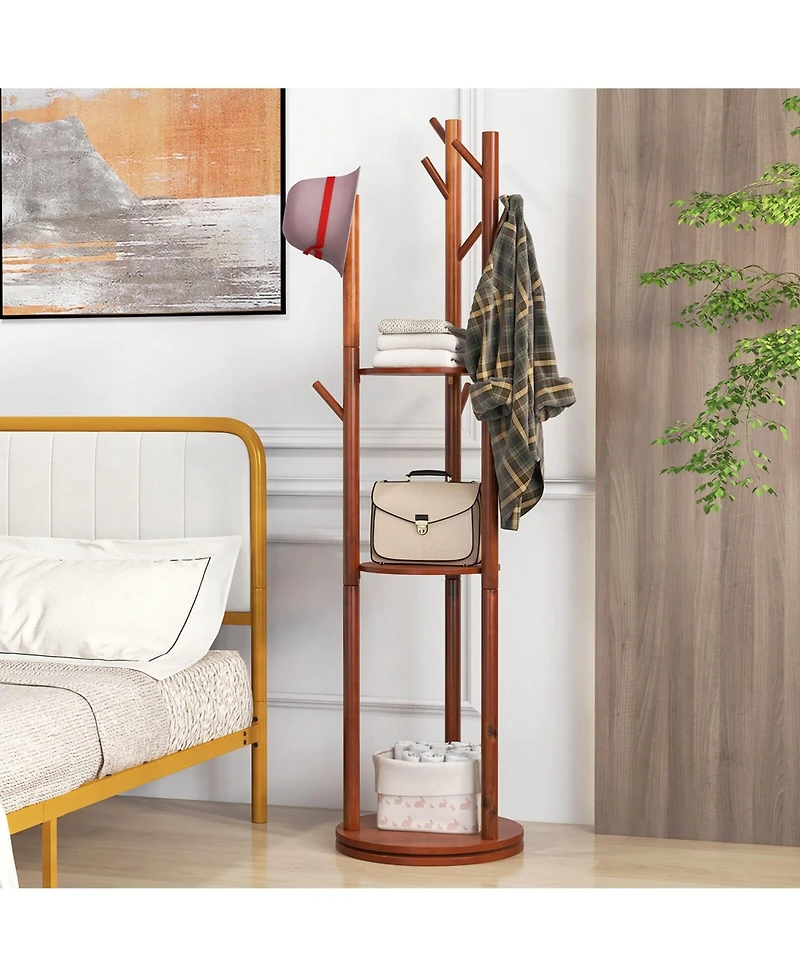 Freestanding Wooden Coat Tree 360° Rotary Coat Rack with 3 Display Storage Shelves