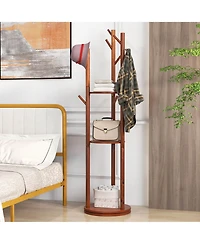Freestanding Wooden Coat Tree 360° Rotary Coat Rack with 3 Display Storage Shelves