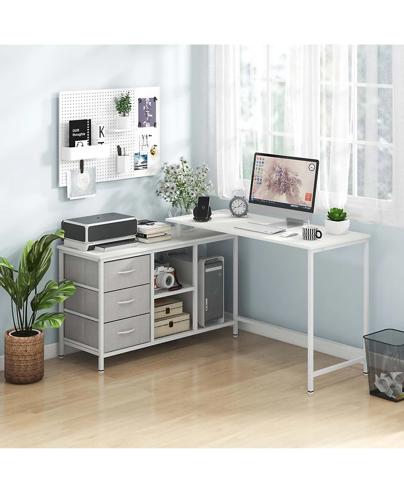 L-shaped Computer Desk with Power Outlet, Drawers, Metal Mesh Shelves