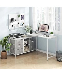 L-shaped Computer Desk with Power Outlet, Drawers, Metal Mesh Shelves