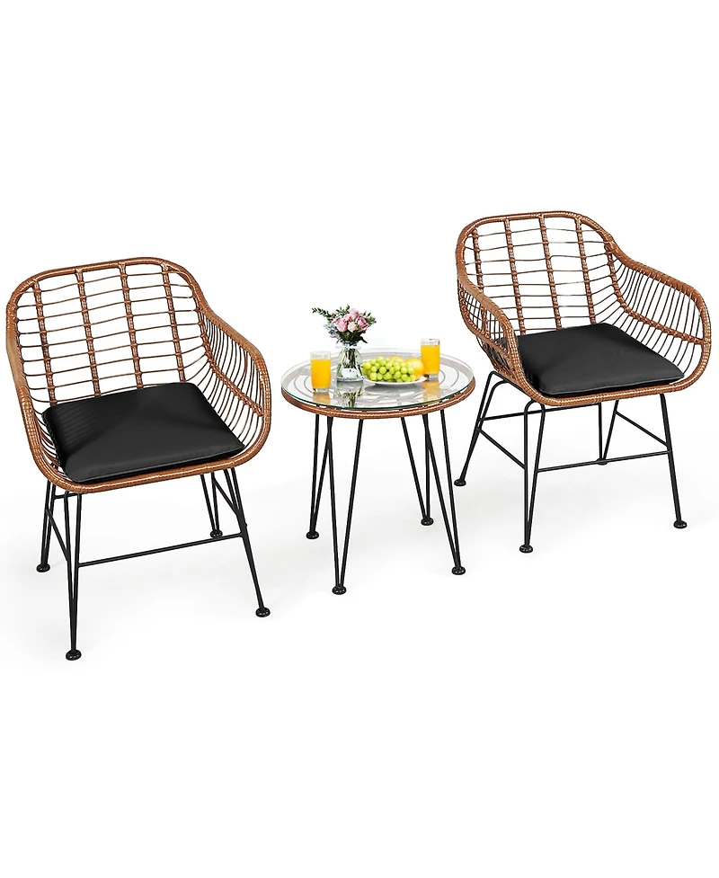 3PCS Patio Rattan Bistro Set Coffee Table Armchair Garden