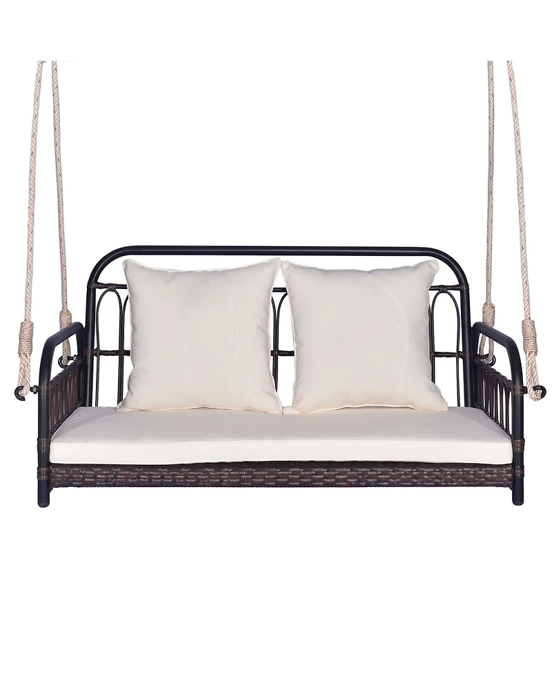 Costway Patio Swing Chair 2-Person Hanging Seat Outdoor Wicker Loveseat Cushioned Porch