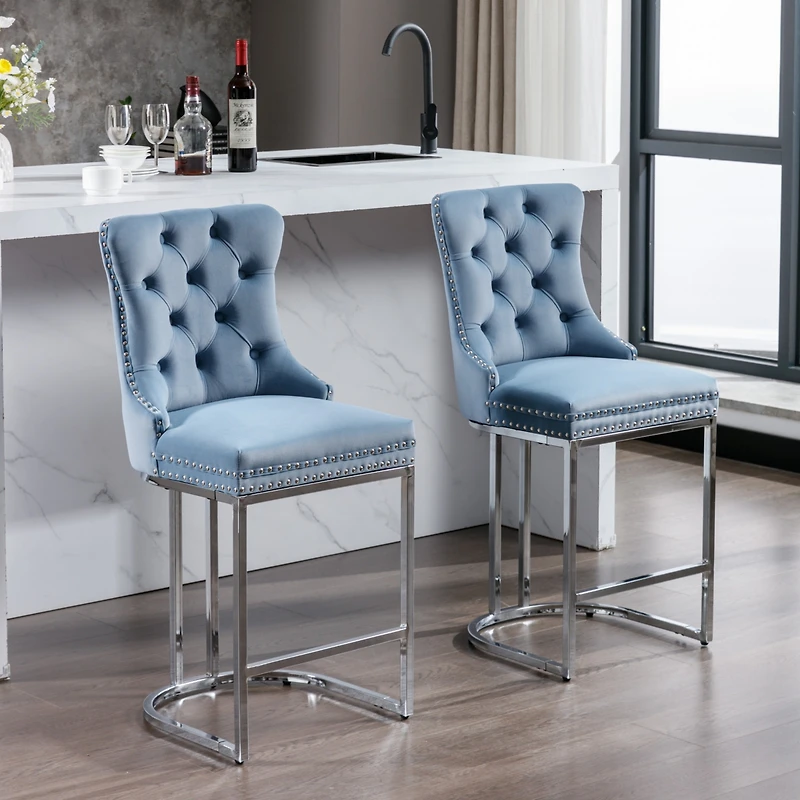 Streamdale Furniture Velvet Bar Stools Set of 2 with Chromed Metal Base Legs