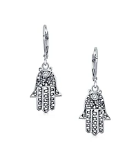 Bling Jewelry Amulet Talisman Hamsa Hand Of God Floral Filigree Dangle Earrings Oxidized Sterling Silver Leverback