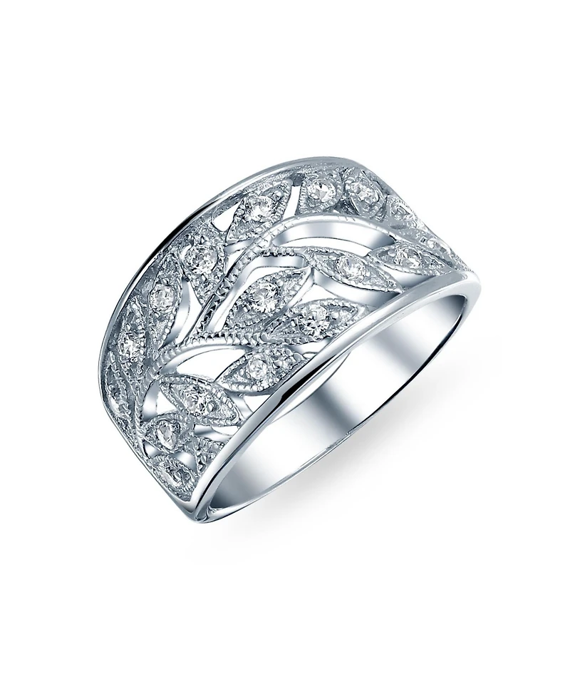 Bling Jewelry Pave Cubic Zirconia Open Filigree Wide Leaves Leaf Band Ring Sterling Silver