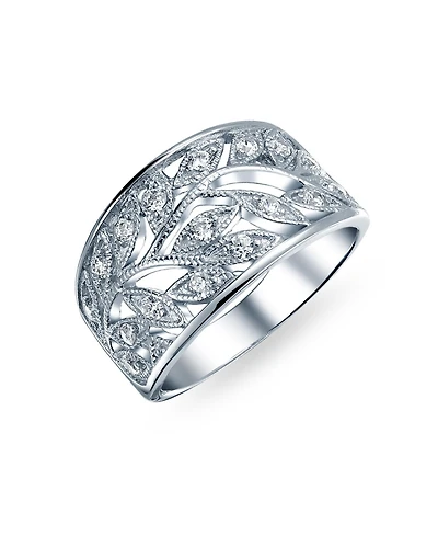 Bling Jewelry Pave Cubic Zirconia Open Filigree Wide Leaves Leaf Band Ring Sterling Silver