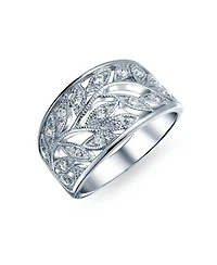 Bling Jewelry Pave Cubic Zirconia Open Filigree Wide Leaves Leaf Band Ring Sterling Silver