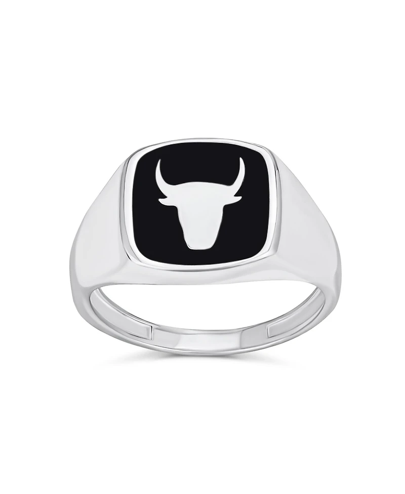 Bling Jewelry Signet Black Natural Onyx Square Western Texas Longhorn Buffalo Cow Antelope Skull Bull Ring Sterling Silver