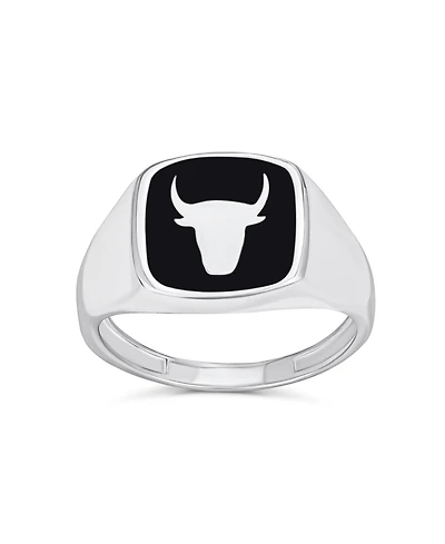 Bling Jewelry Signet Black Natural Onyx Square Western Texas Longhorn Buffalo Cow Antelope Skull Bull Ring Sterling Silver