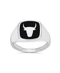 Bling Jewelry Signet Black Natural Onyx Square Western Texas Longhorn Buffalo Cow Antelope Skull Bull Ring Sterling Silver