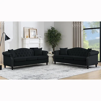 Black Velvet Chesterfield Sofa 3 Seater with Tufted Couch