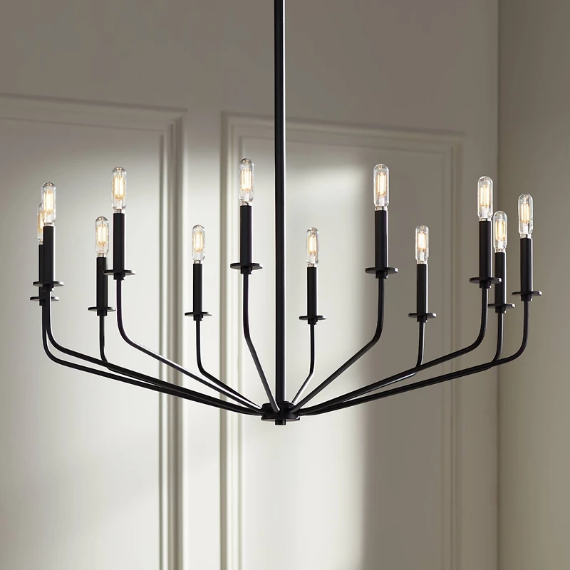 Franklin Iron Works Milanese Slender Black Chandelier 37 1/2" Wide Modern Industrial 12-Light Candelabra Fixture for Dining Room