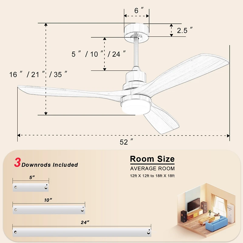Streamdale 52" Ceiling Fan with Led Light & Remote