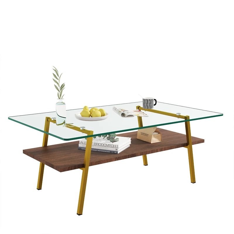 Streamdale Furniture Transparent Glass Coffee Table, Gold Metal Legs