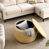 Round Storage Ottoman, 2 In 1 Function, Work As End Table And Ottoman, Natural (25.5"X25.5"X14.5")