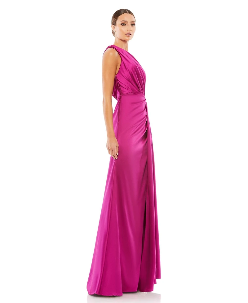 Mac Duggal Women's Gathered One Shoulder Satin Faux Wrap Gown